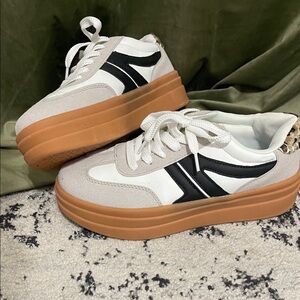Women's White and Black Sneakers with Tan Soles